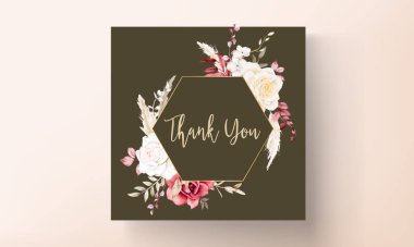 Suluboya düğün davetiyesi şablonu, kestane rengi ve şeftali çiçekli.