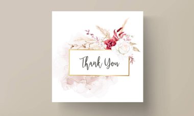 Suluboya düğün davetiyesi şablonu, kestane rengi ve şeftali çiçekli.