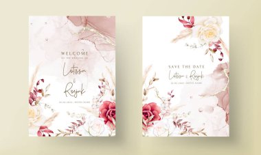 Çift taraflı düğün davetiyesi şablonu ile boho suluboya çiçeği