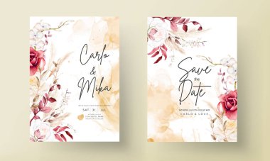 Çift taraflı düğün davetiyesi şablonu ile boho suluboya çiçeği