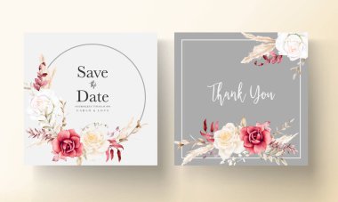 Çift taraflı düğün davetiyesi şablonu ile boho suluboya çiçeği