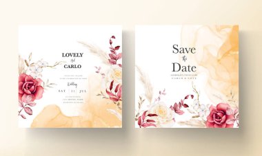 Çift taraflı düğün davetiyesi şablonu ile boho suluboya çiçeği