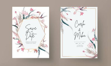 hand drawing watercolor with line art floral  wedding invitation card clipart