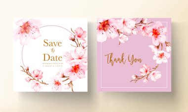 beautiful pink cherry blossom floral watercolor invitation card