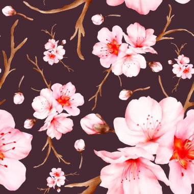 beautiful cherry blossom watercolor floral seamless pattern