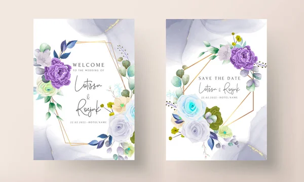 Beautiful Hand Drawn Roses Floral Wedding Invitation Card Set — Stock Vector