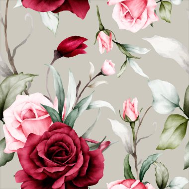 elegant watercolor maroon roses flower seamless pattern