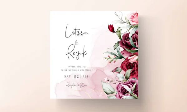 Vintage Wedding Invitation Card Set Maroon Roses Watercolor — Stock Vector