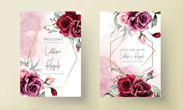 Elegant Red Roses Watercolor Wedding Invitation Card Set — Stockvector