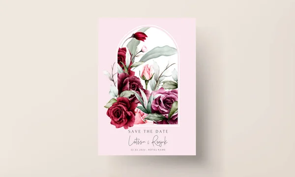 Elegant Red Roses Watercolor Wedding Invitation Card Set — Archivo Imágenes Vectoriales