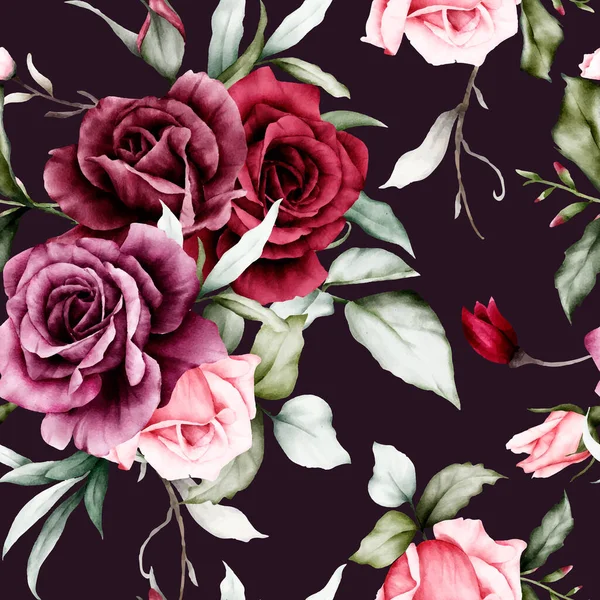 Elegant Watercolor Maroon Roses Flower Seamless Pattern —  Vetores de Stock