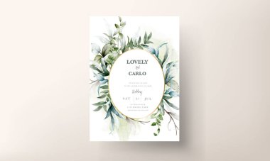Wedding invitation card template with watercolor leaves