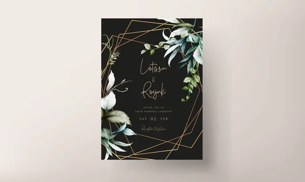 Elegant Vintage Leaves Watercolor Wedding Invitation Card Set — Stock Vector
