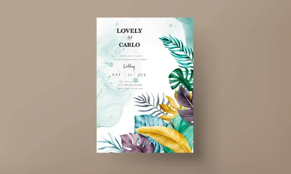 Exotic Tropical Leaves Watercolor Wedding Invitation Card Set — Stock Vector
