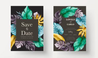 invitation card set with colorful tropical leaves
