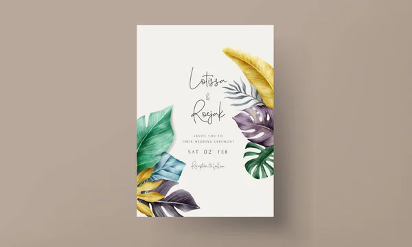 Invitation Card Set Colorful Tropical Leaves — Stock Vector