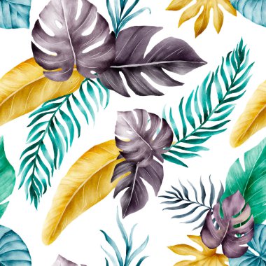 Beautiful colorful tropical leaves watercolor seamless pattern