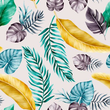 Beautiful colorful tropical leaves watercolor seamless pattern