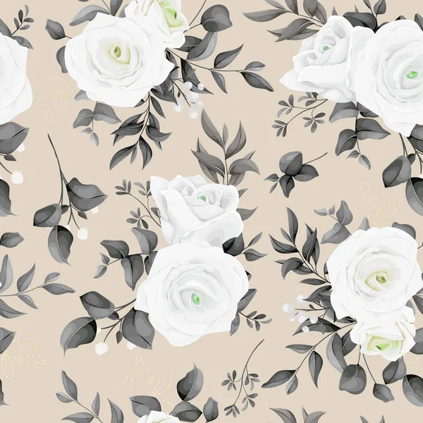 Ein Schwarz Weißes Blumenmuster Mit Weißen Rosen Und Blättern — Stockvektor