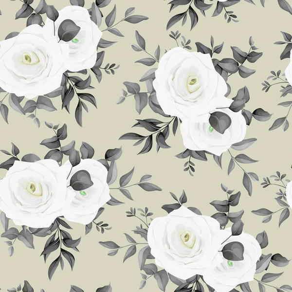 Black White Floral Seamless Pattern White Roses Leaves — Stock Vector