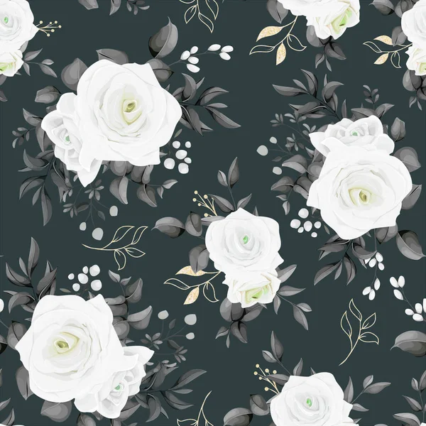 Black White Floral Seamless Pattern White Roses Leaves — Stock Vector