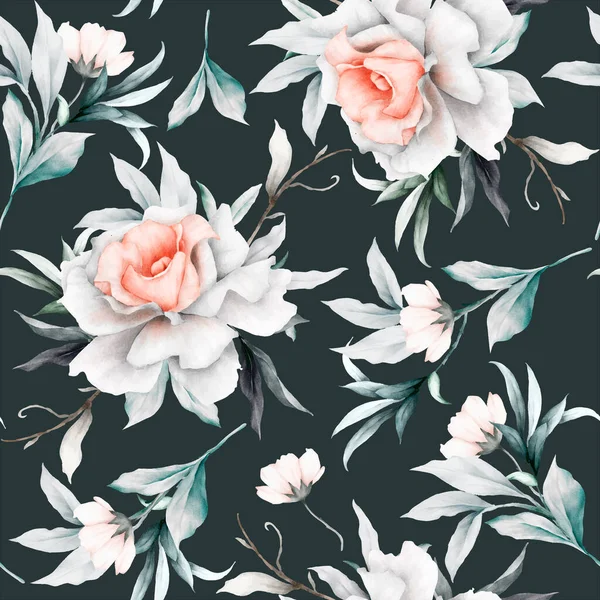 Vintage Nahtlose Muster Beiger Rosen Mit Blättern Und Blüten — Stockvektor
