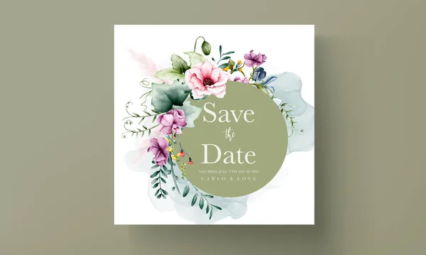 Vacker Bröllop Inbjudan Kort Med Blomma Och Lämnar Akvarell — Stock vektor