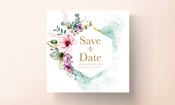 Schöne Hochzeitseinladungskarte Mit Blumen Und Blättern Aquarell — Stockvektor