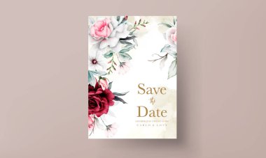 Düğün davetiyesi şablonu üzerinde güzel çiçek çelengi suluboya
