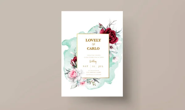Bröllop Inbjudan Kort Mall Med Vacker Blomma Krans Akvarell — Stock vektor