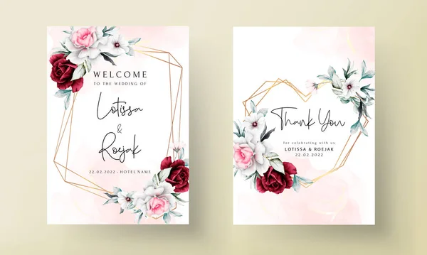 美しい花や葉と結婚式の招待状のカードテンプレート 現代のマルーンピンク色 — ストックベクタ