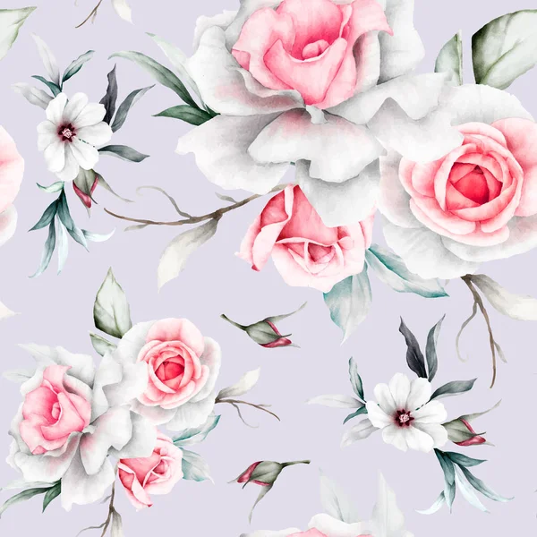 Rosa Flores Hojas Pintura Acuarela Floral Patrón Sin Costura — Vector de stock
