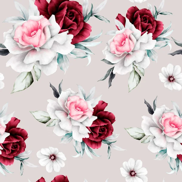 Rosa Flores Hojas Pintura Acuarela Floral Patrón Sin Costura — Archivo Imágenes Vectoriales