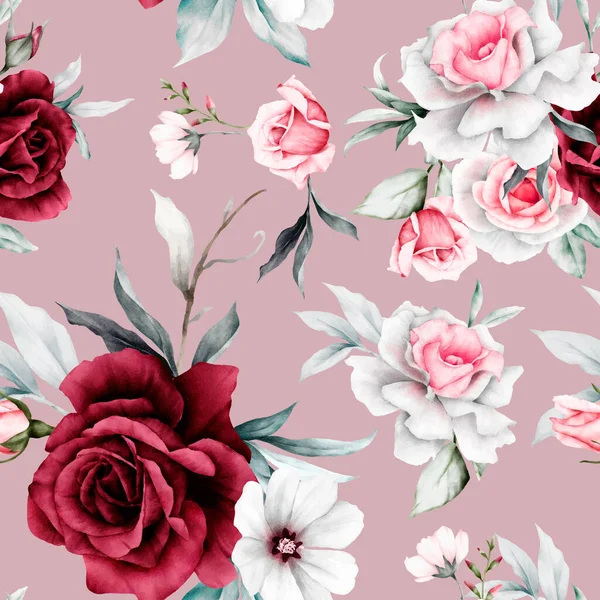 Троянди Квіти Листя Розпис Акварельний Квітковий Безшовний Візерунок — стоковий вектор