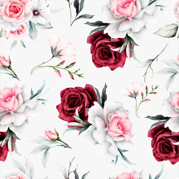 Rosenblüten Und Blätter Malen Aquarell Florales Nahtloses Muster — Stockvektor