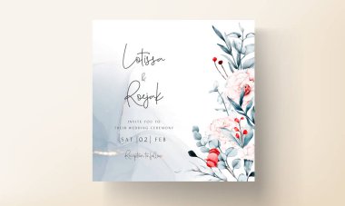 düğün davetiyesi şablonu kırmızı ve mavi çiçekli suluboya