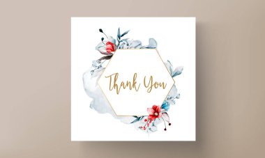 düğün davetiyesi şablonu kırmızı ve mavi çiçekli suluboya