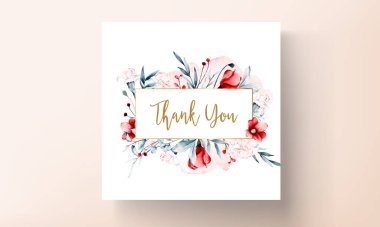 düğün davetiyesi şablonu kırmızı ve mavi çiçekli suluboya