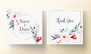 düğün davetiyesi şablonu kırmızı ve mavi çiçekli suluboya