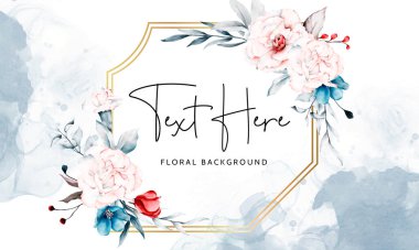 Çiçek çerçeveli arka plan pembe ve mavi çiçekler ve kırmızı şakayıklar