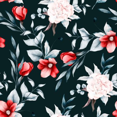 Çiçek desenli pembe ve mavi çiçekler ve kırmızı şakayıklar