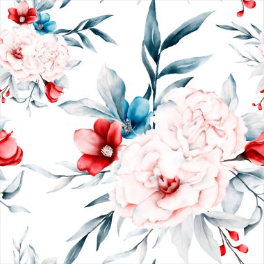 Çiçek desenli pembe ve mavi çiçekler ve kırmızı şakayıklar