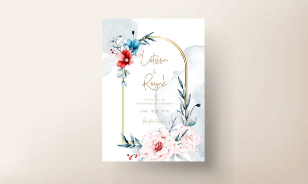 Modelo Cartão Convite Casamento Com Flores Vermelhas Azuis Moldura Floral — Vetor de Stock