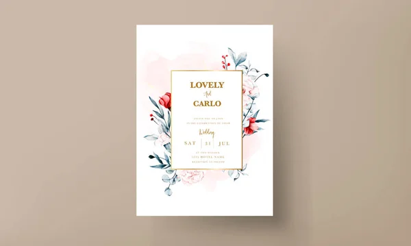 Wedding Invitation Card Template Red Blue Flowers Floral Frame Watercolor — Stock Vector