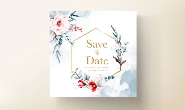 Hochzeitseinladungskarte Vorlage Mit Roten Und Blauen Blumen Blumenrahmen Aquarell — Stockvektor