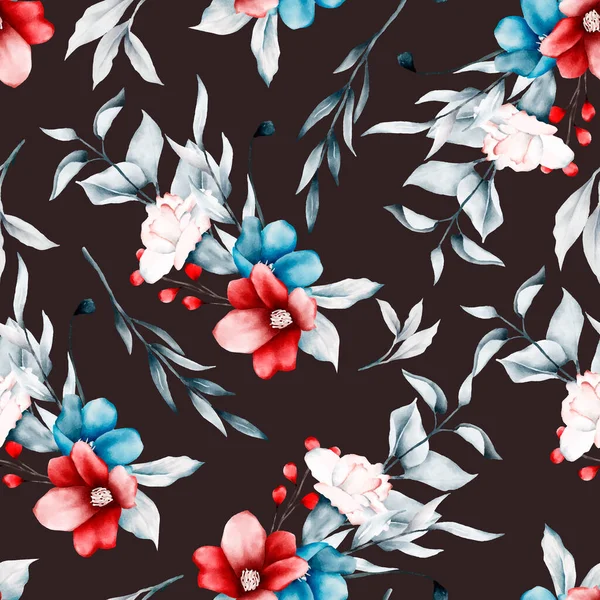 Motif Floral Avec Des Fleurs Roses Bleues Pivoines Rouges — Image vectorielle