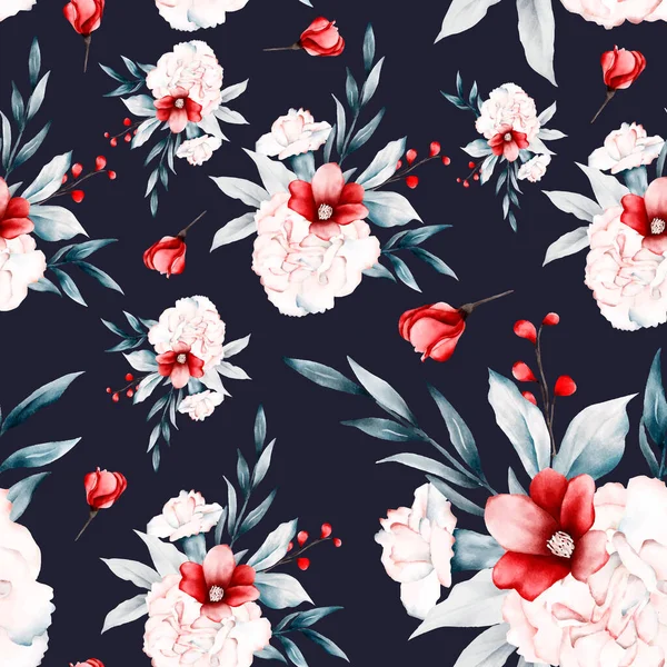 Motif Floral Avec Des Fleurs Roses Bleues Pivoines Rouges — Image vectorielle