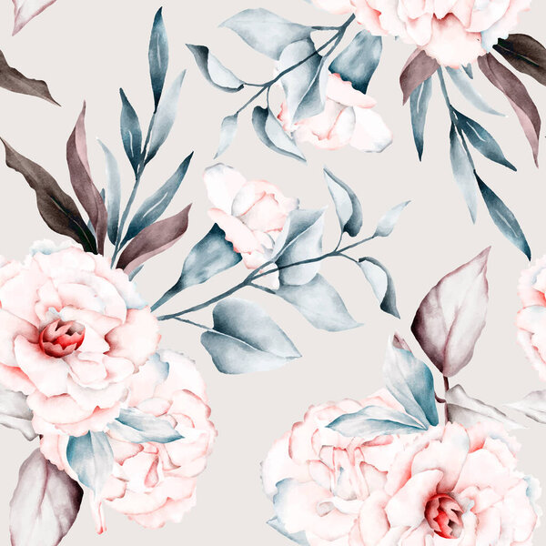 floral pattern with pink and blue flowers and red peonies