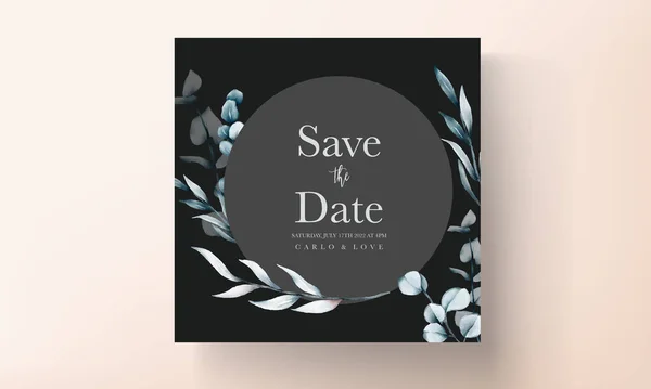 Elegante Blaue Eukalyptus Und Blätter Hochzeitseinladungskarte Vorlage — Stockvektor