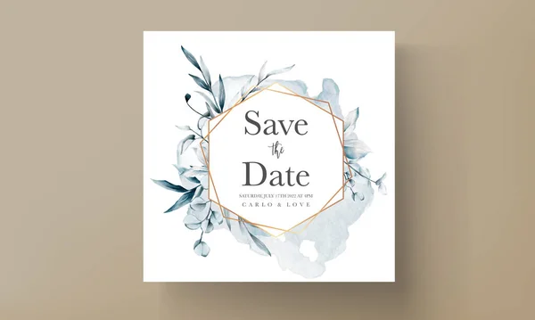 エレガントなブルーユーカリの葉の結婚式招待状のテンプレート — ストックベクタ